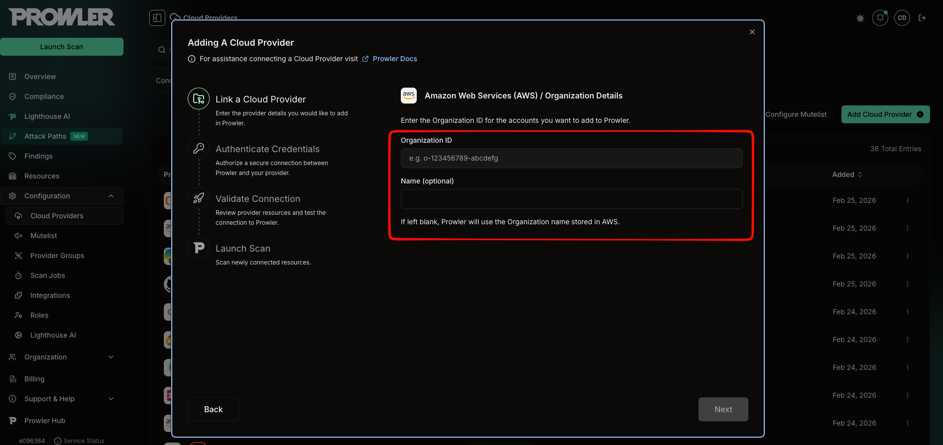 Organization Details form with Organization ID and Name fields