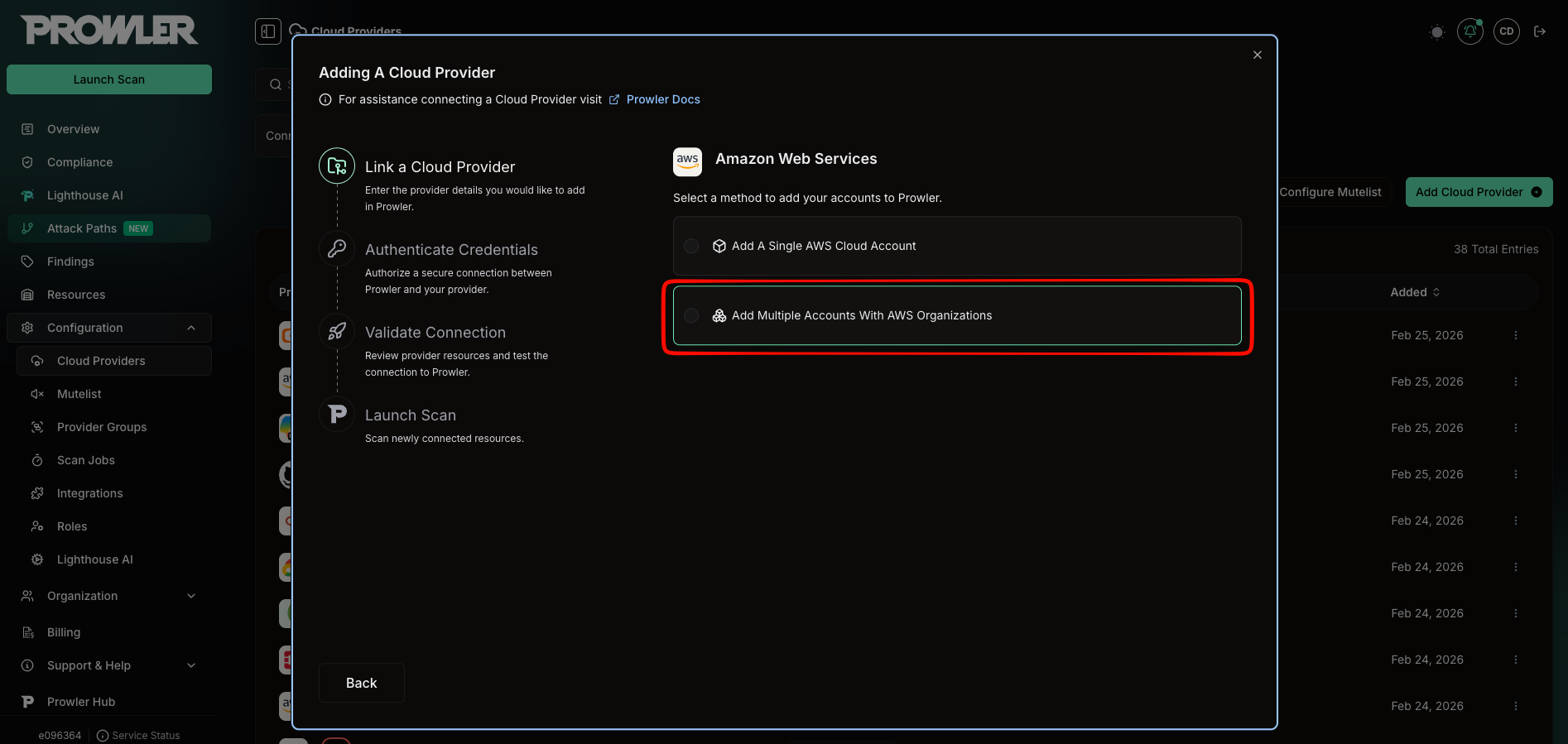 Method selector showing Add Multiple Accounts With AWS Organizations option highlighted