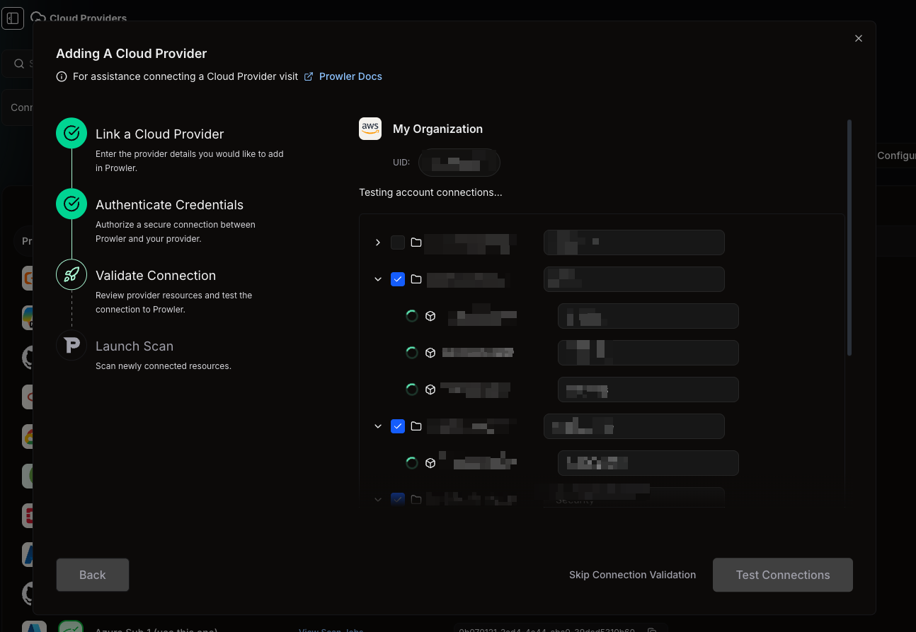 Connection testing in progress with spinners on each account
