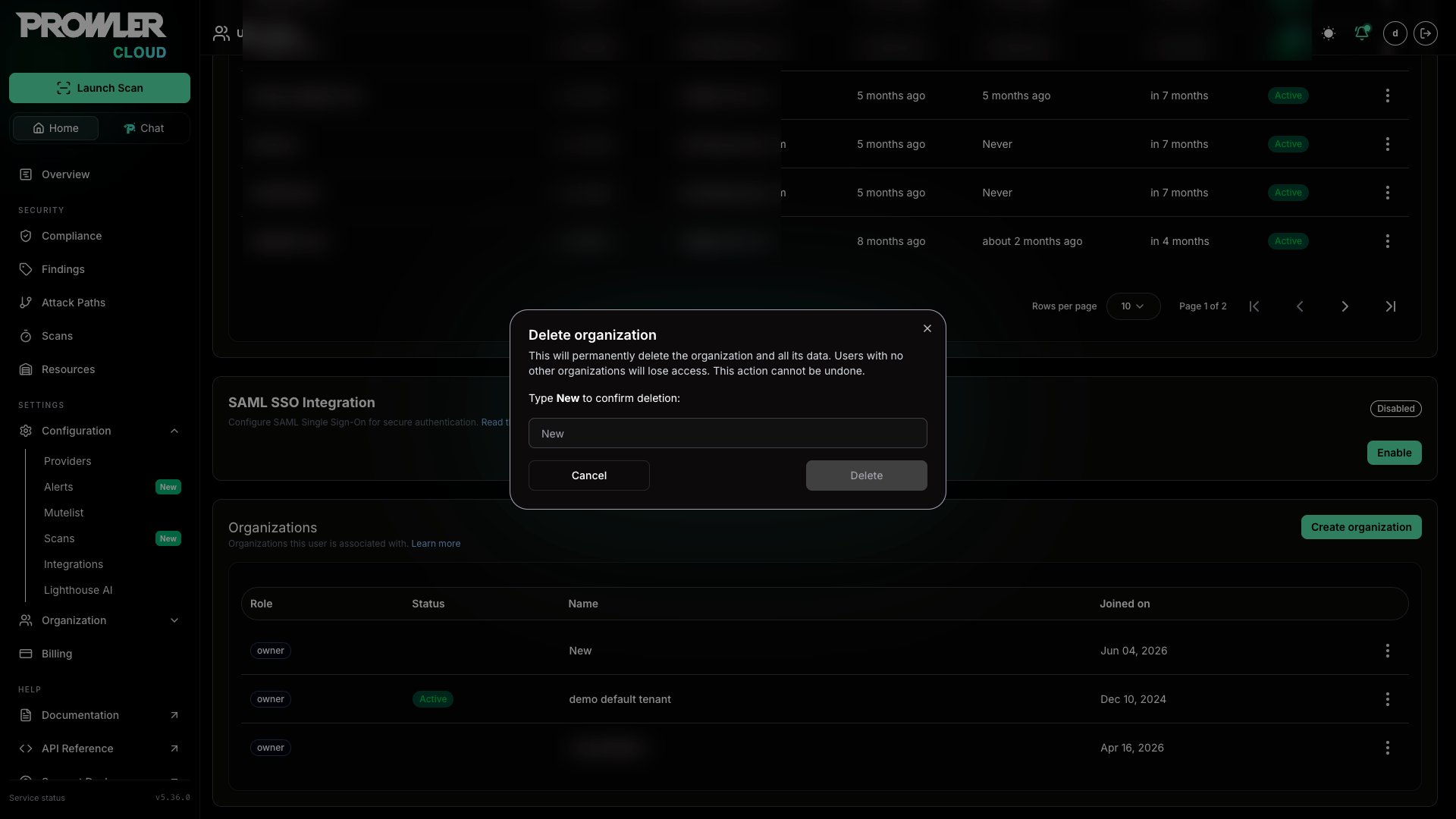 Delete organization confirmation modal