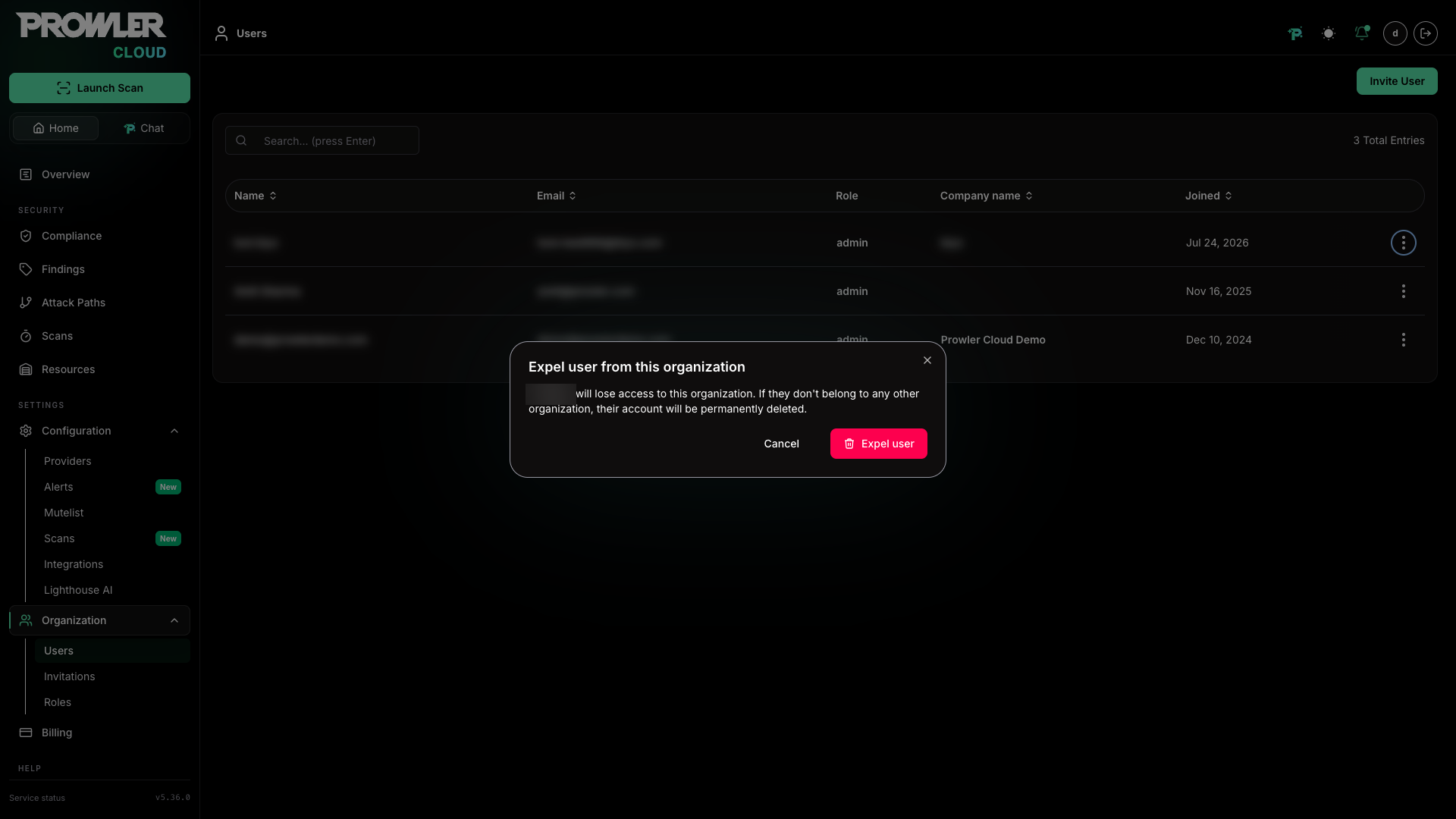 Confirmation dialog asking to expel the selected user from the current organization