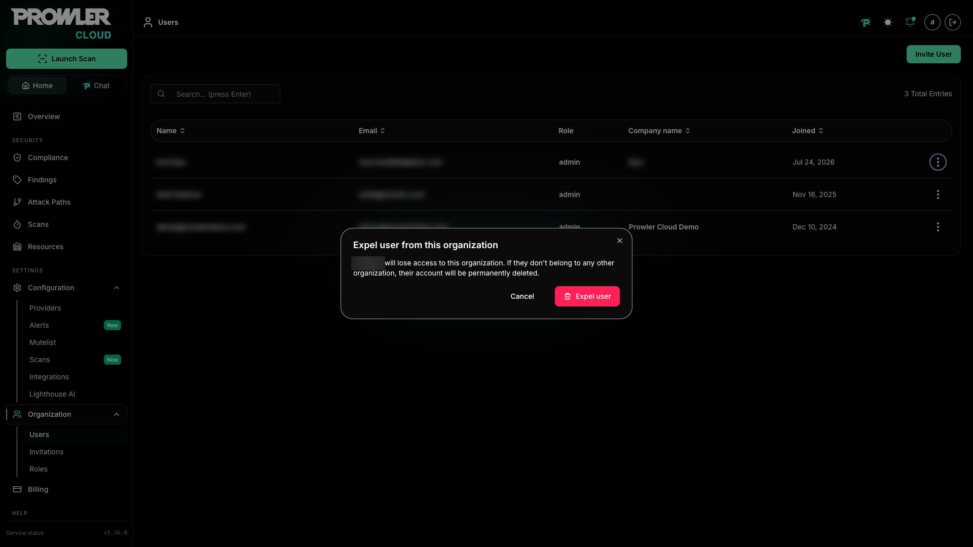 Confirmation dialog asking to expel the selected user from the current organization
