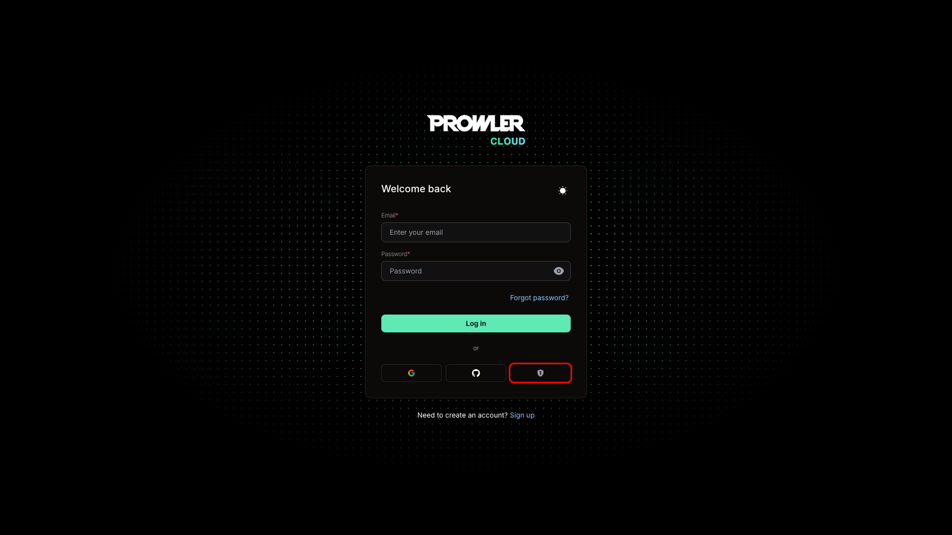 Prowler Cloud login page with the "Continue with SAML SSO" button