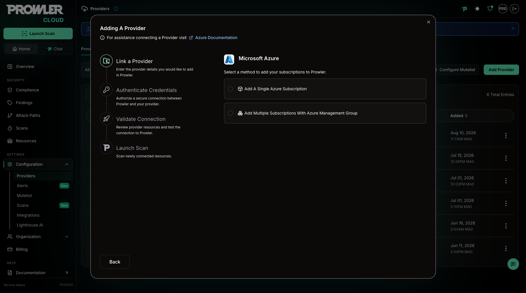 Azure onboarding method selector with the Management Group option