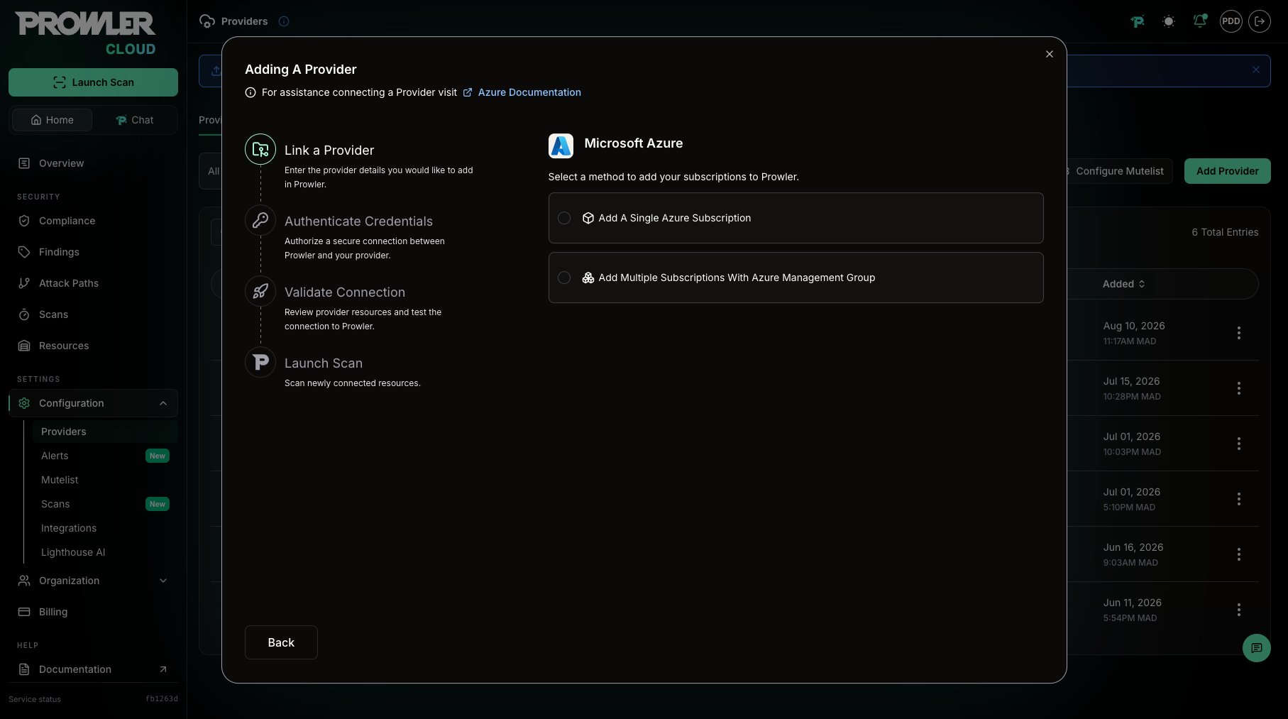 Azure onboarding method selector with the Management Group option