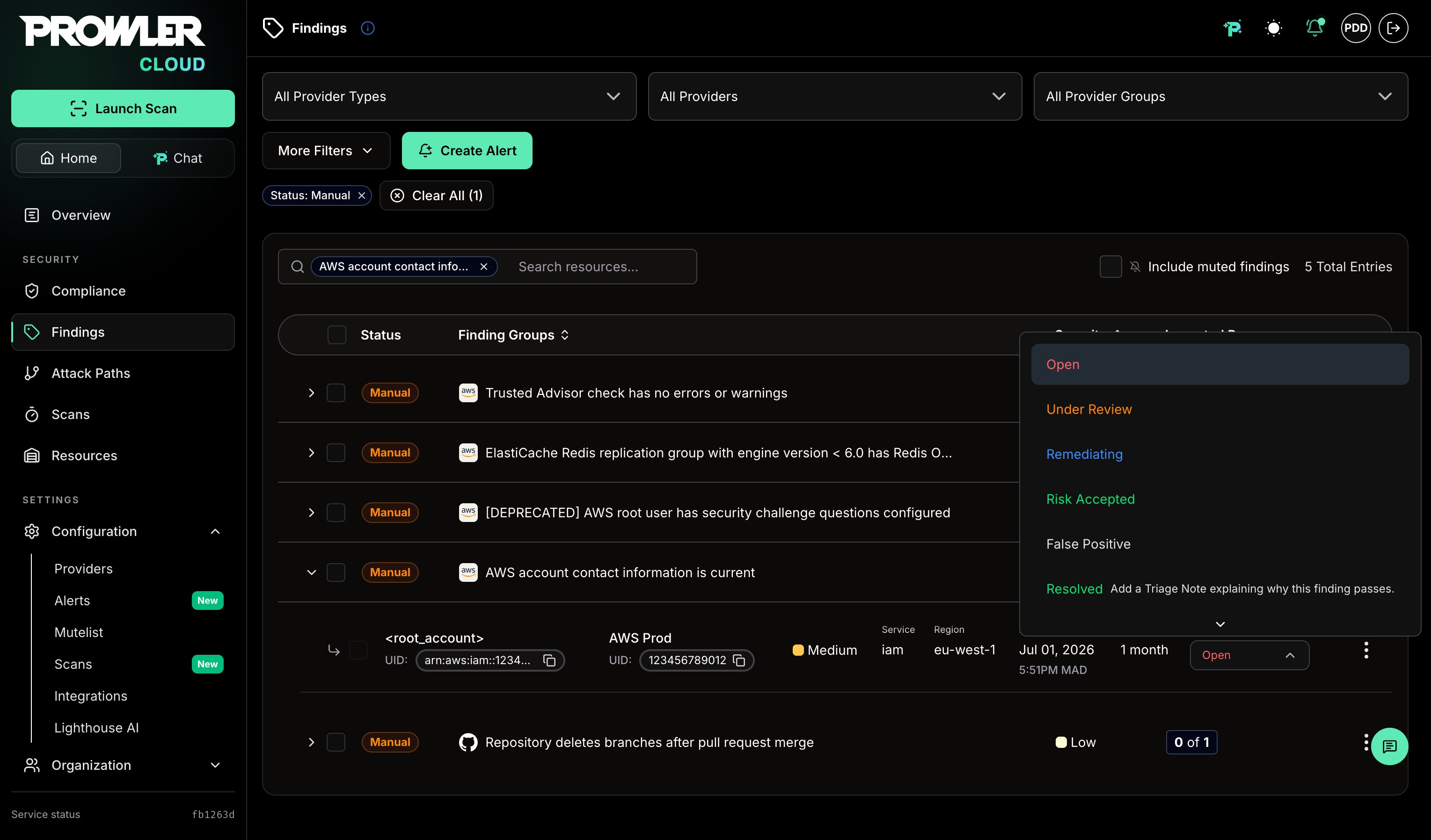 Triage status selector offering Resolved on a MANUAL finding