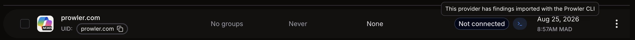 Provider row with the Imported provider indicator and its tooltip