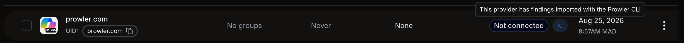Provider row with the Imported provider indicator and its tooltip