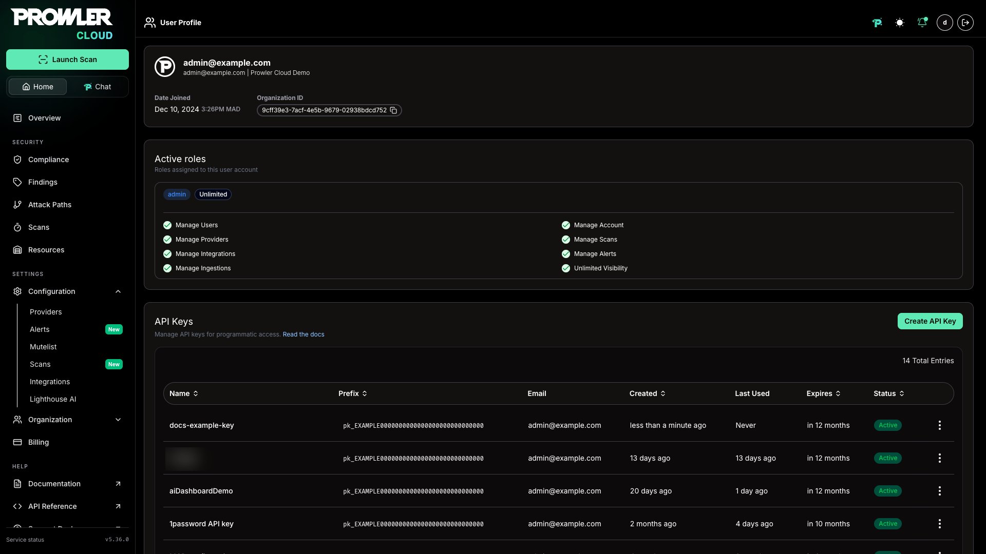API Keys management interface
