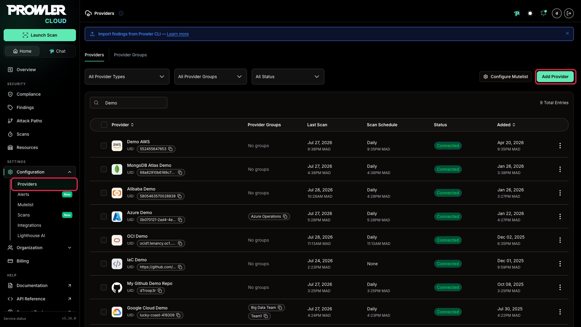 Providers page showing the Add Provider button