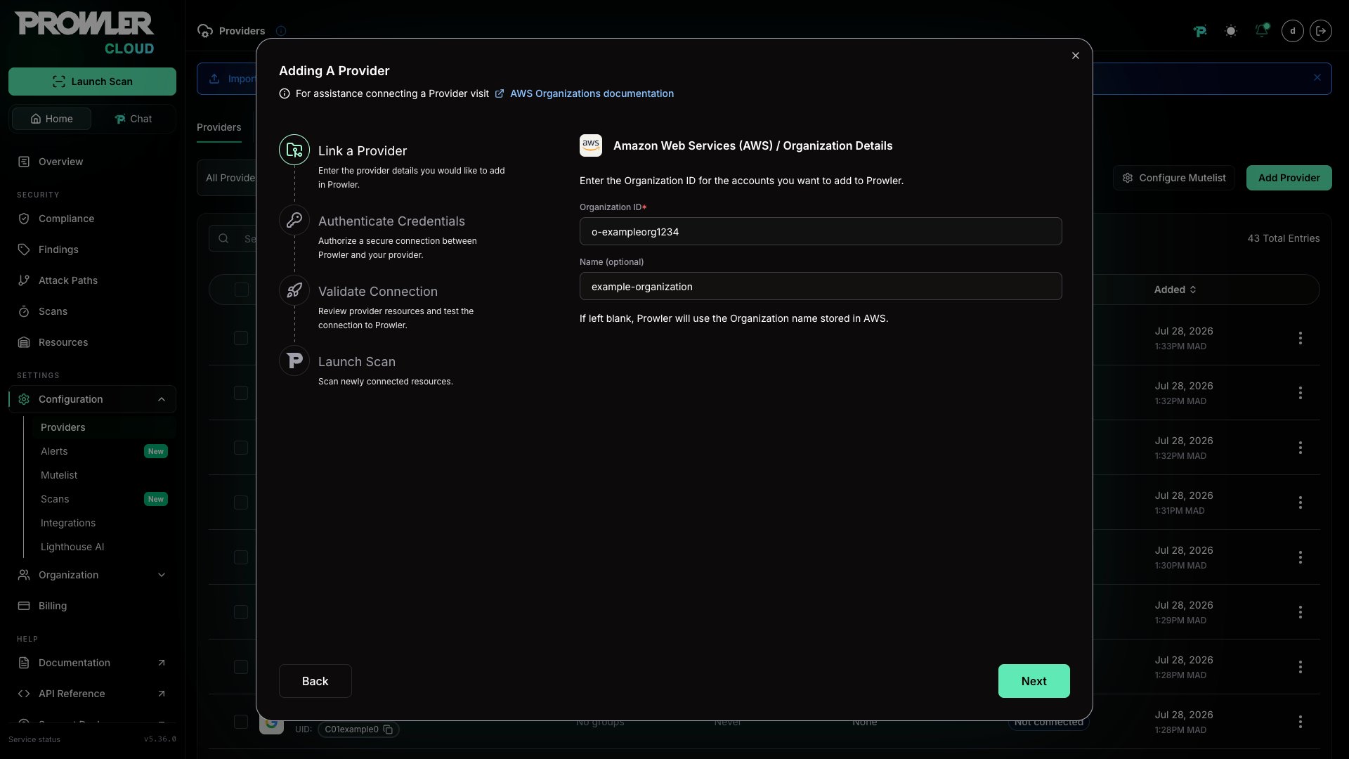Organization Details form with Organization ID and Name fields