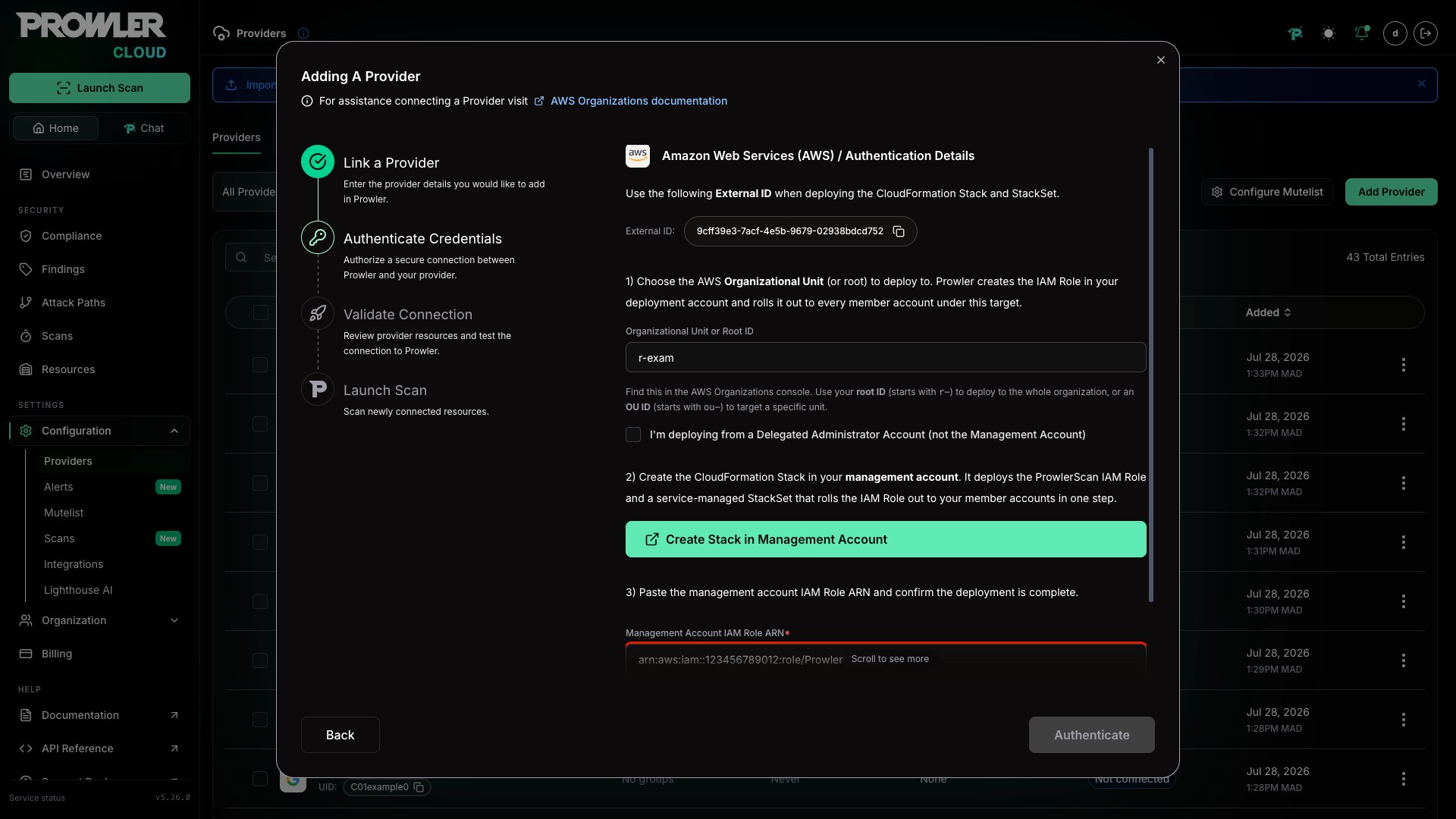 Deployment account Role ARN field in the Authentication Details form