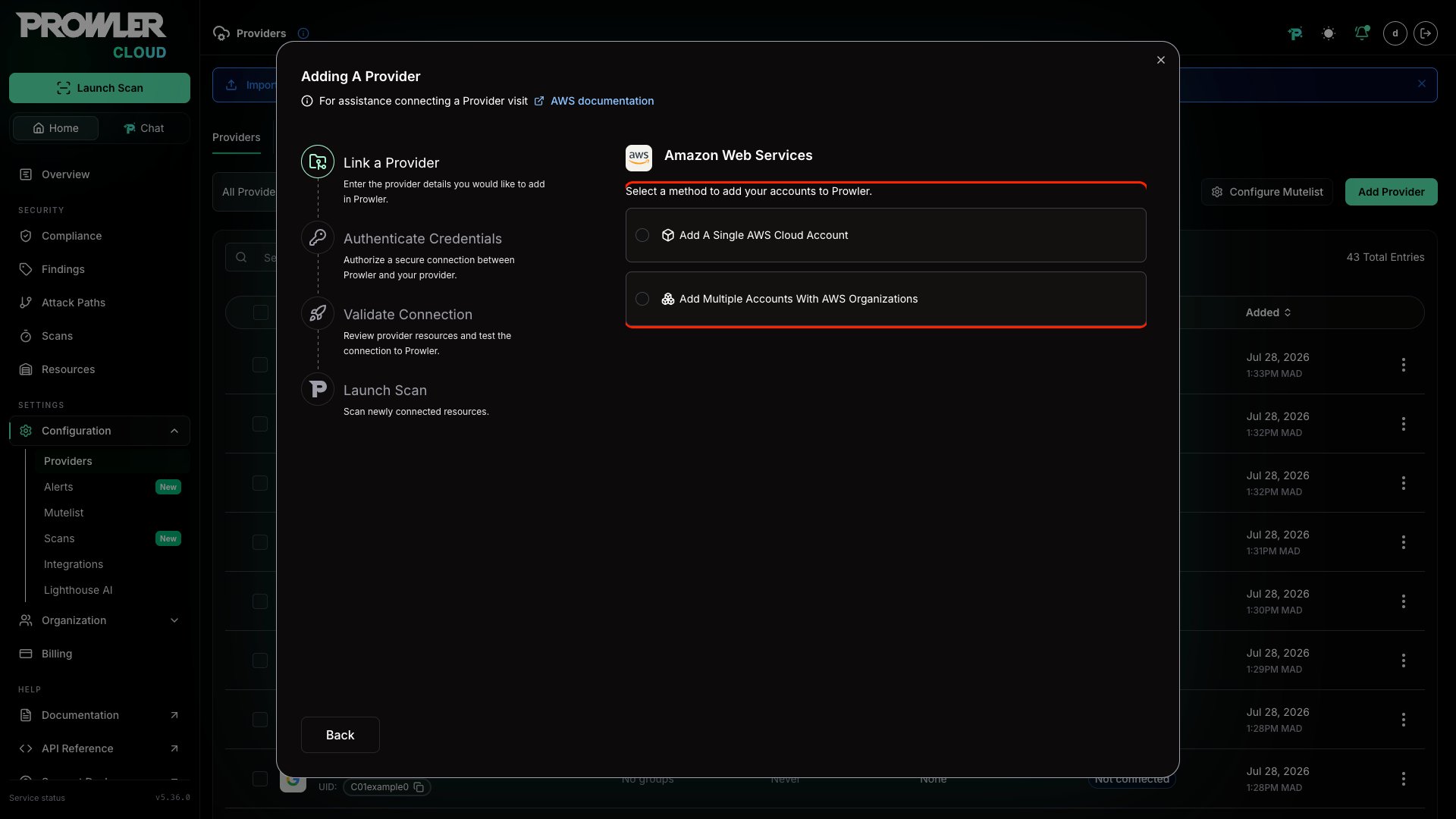 Method selector showing Add Multiple Accounts With AWS Organizations option highlighted