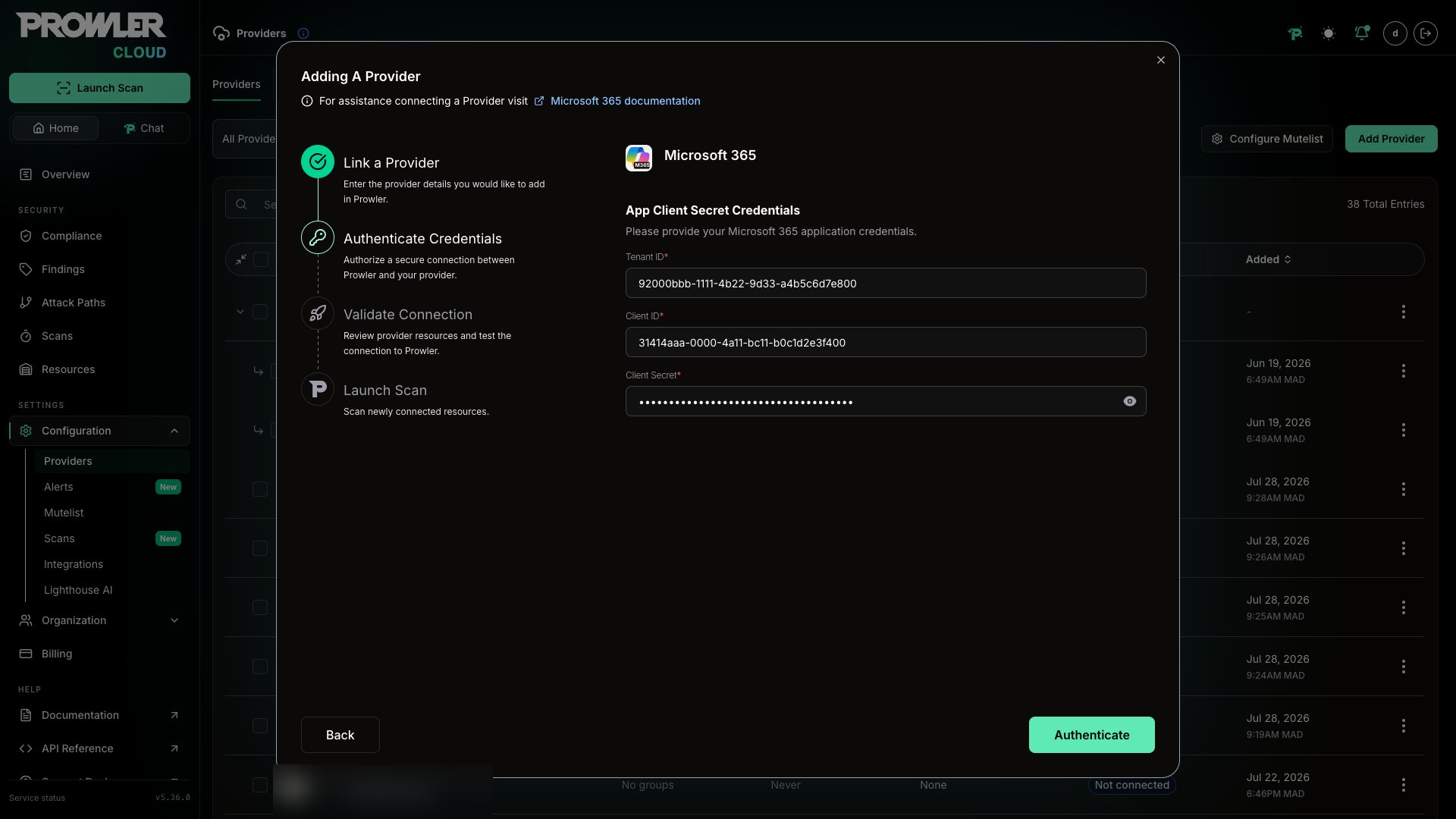 M365 client secret authentication form