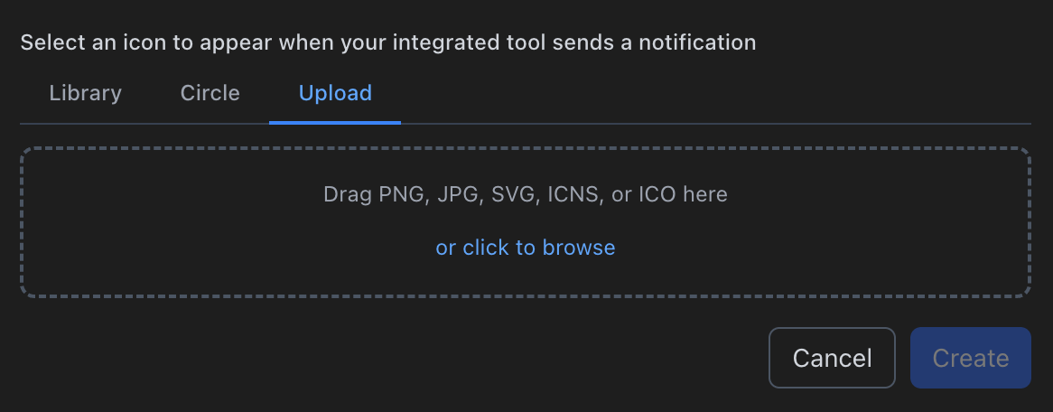 Upload tab with drop zone for custom icon files