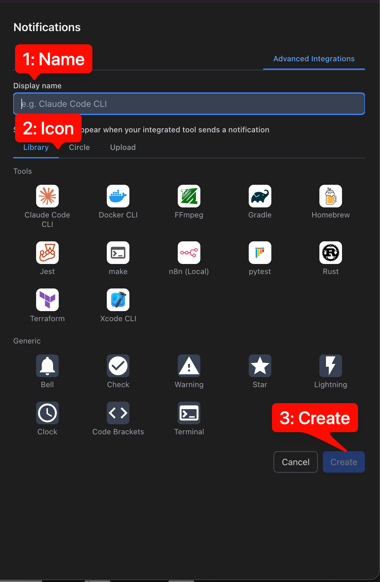 Add Integration form showing Name field, Icon picker, and Create button