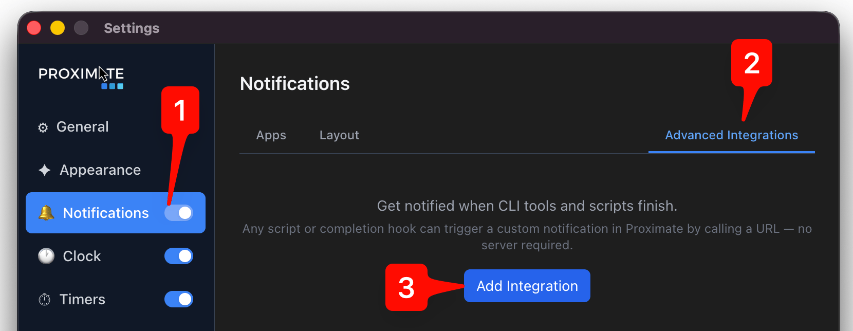 Settings → Notifications → Advanced Integrations tab with Add Integration button