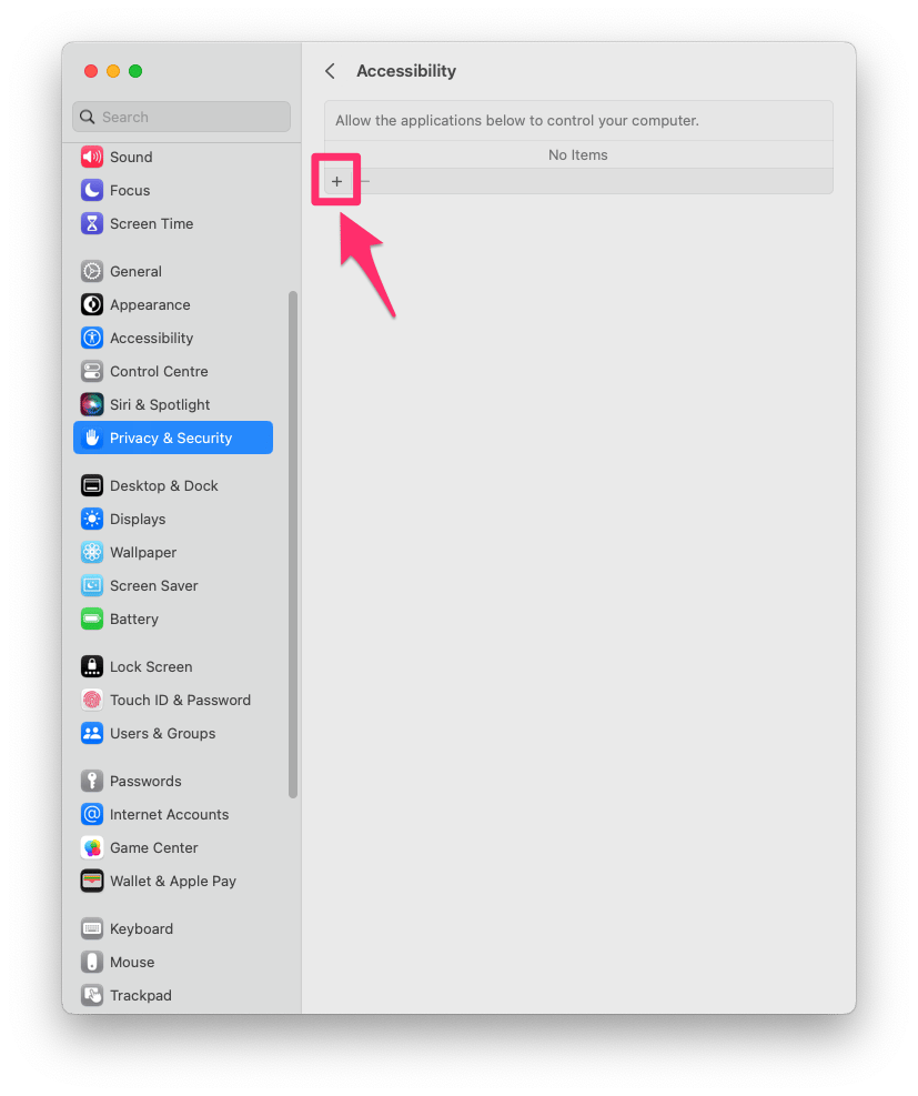 macOS Privacy & Security pane with the + button highlighted to add an app