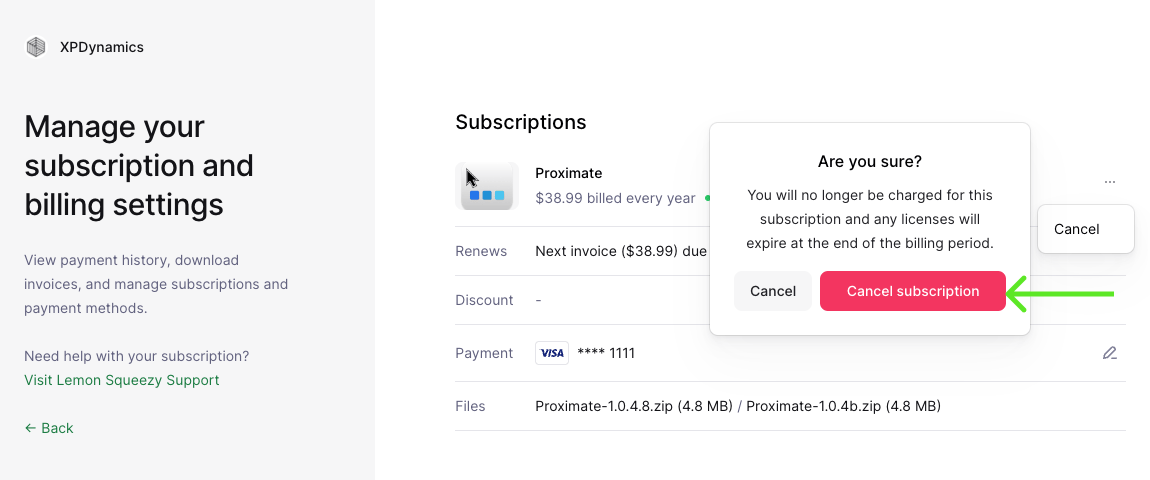 Cancel subscription confirmation dialog