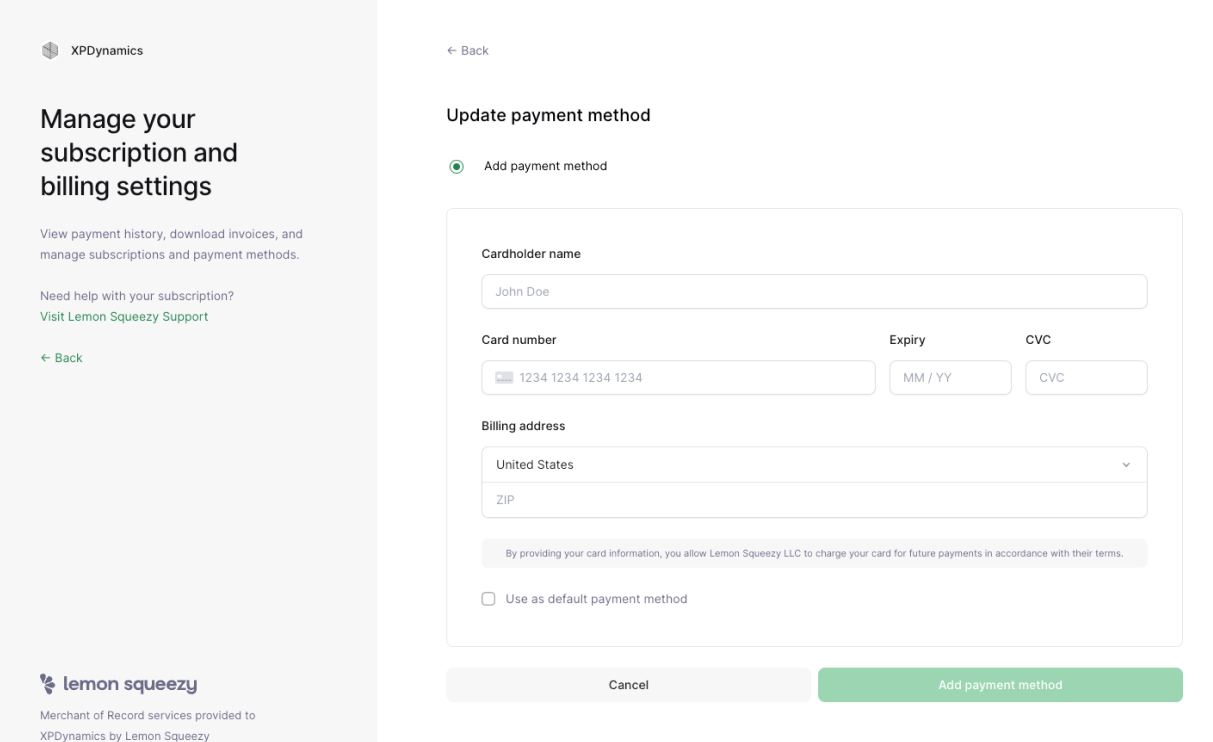 Update payment method form