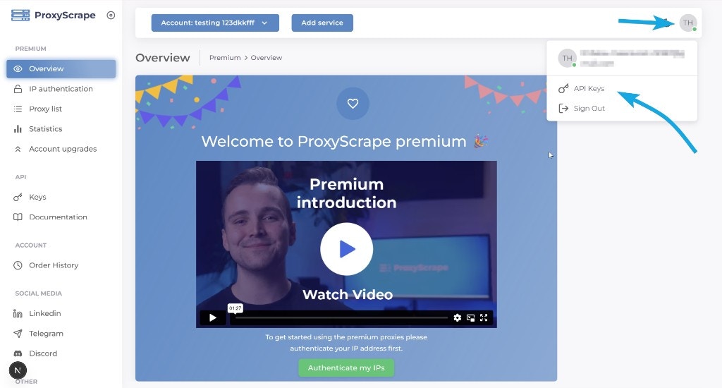 Profile icon (top right) with dropdown open; select API Keys to open the API Keys page.