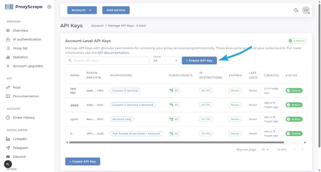API Keys page with keys table; click + Create API Key to open the creation form.