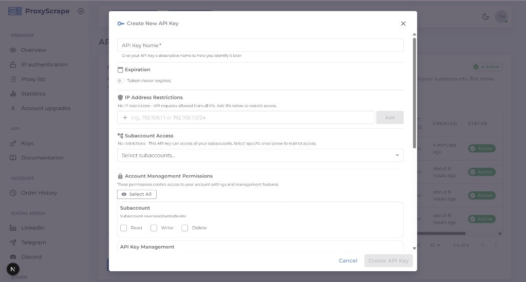 Create New API Key modal: name, expiration, IP restrictions, subaccount access, and account management permissions.
