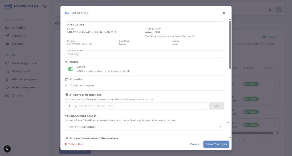 Manage keys - ProxyScrape Docs