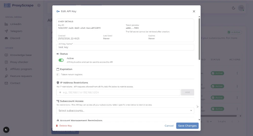 Edit API Key modal with pre-filled fields