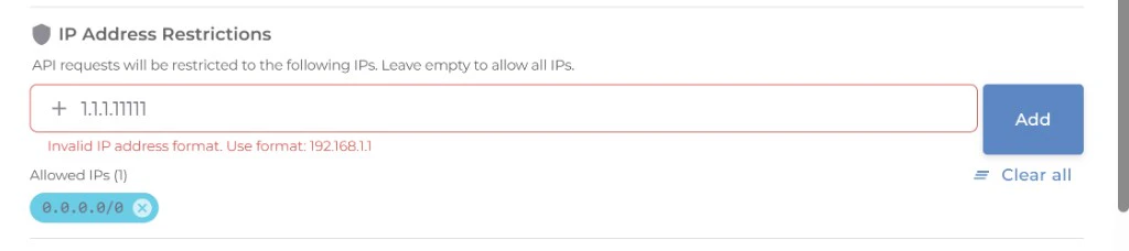IP restrictions input with example IPs