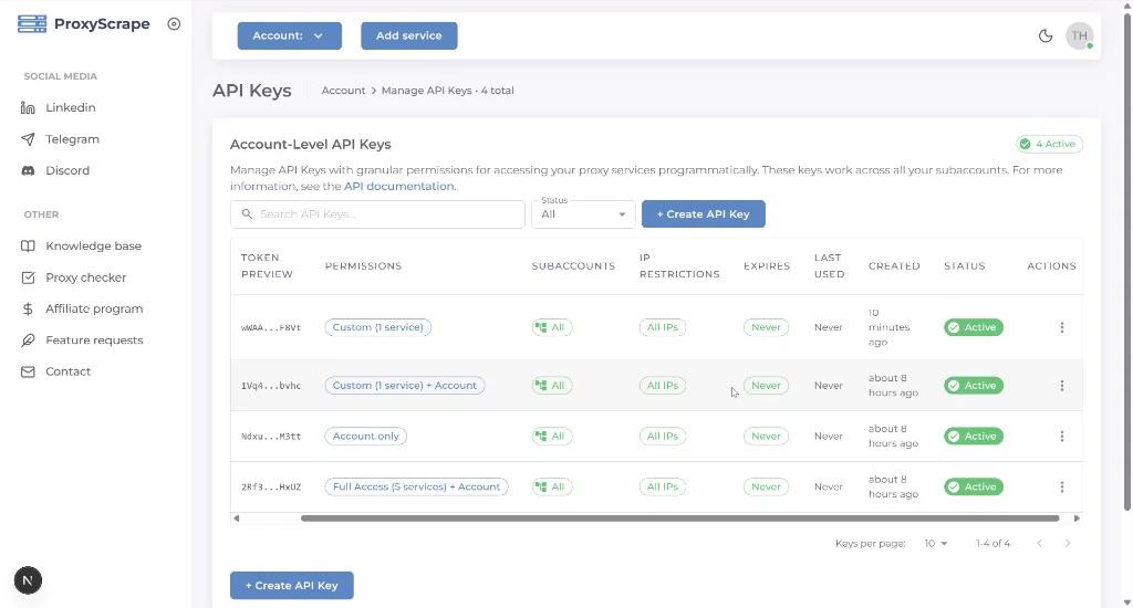 API Keys table showing existing keys