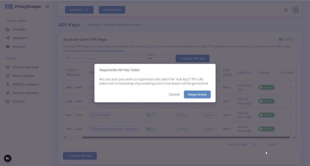 Regenerate secret confirmation dialog