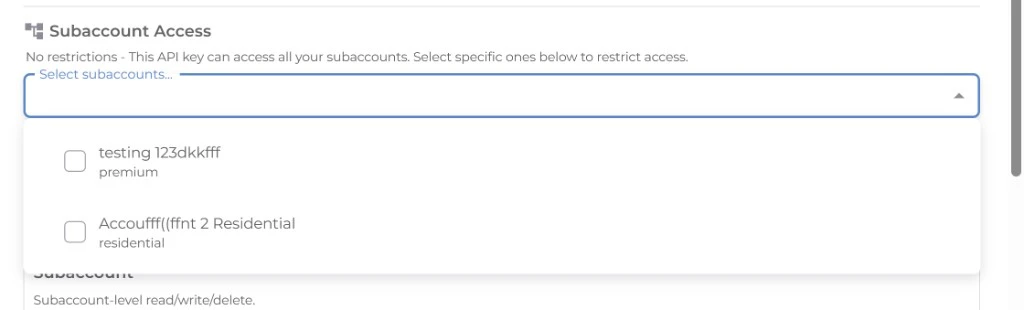 Subaccount access dropdown with product-type chips