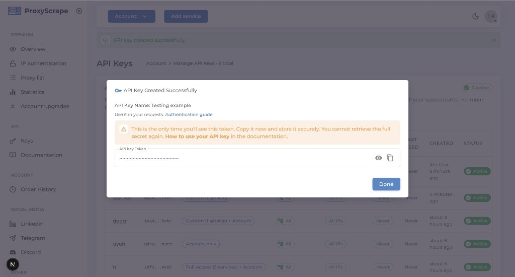 One-time token display after key creation