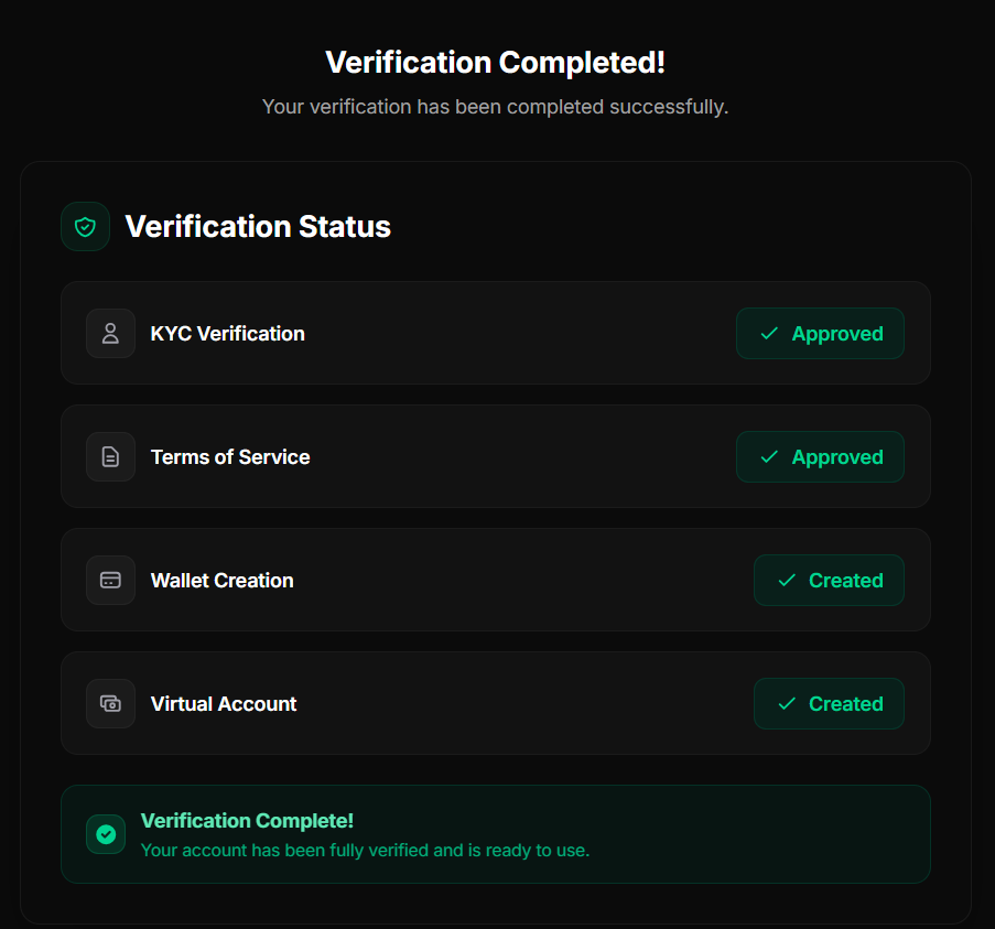 Successful KYC verification status page