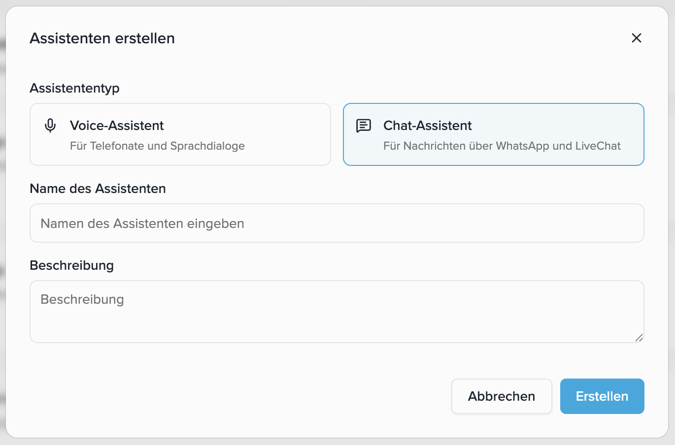 Dialog „Assistenten erstellen“ mit ausgewähltem Chat-Assistenten