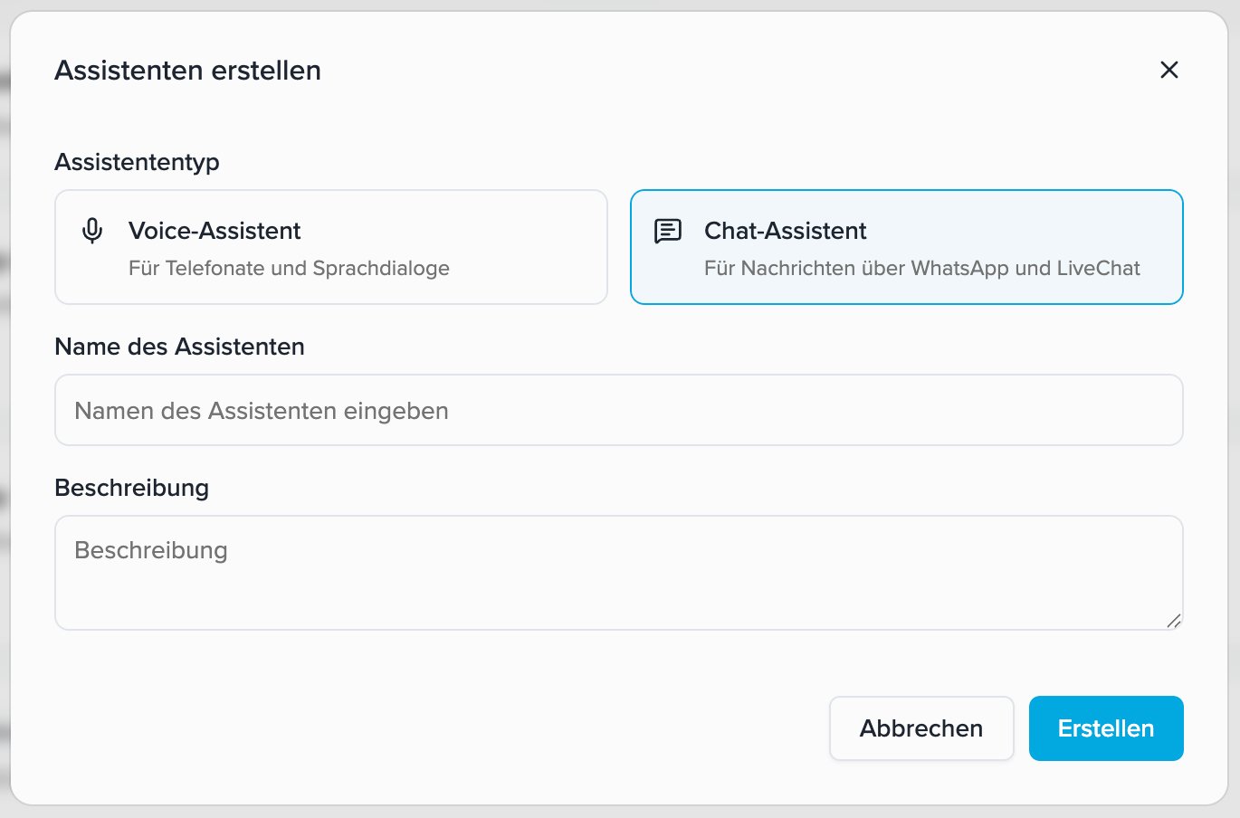 Dialog „Assistenten erstellen“ mit ausgewähltem Chat-Assistenten