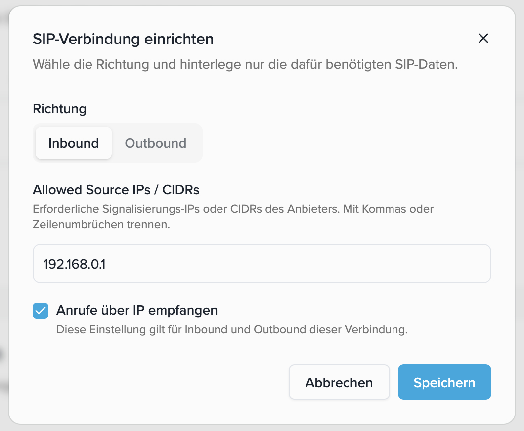 Inbound SIP connection with allowed source addresses and IP mode