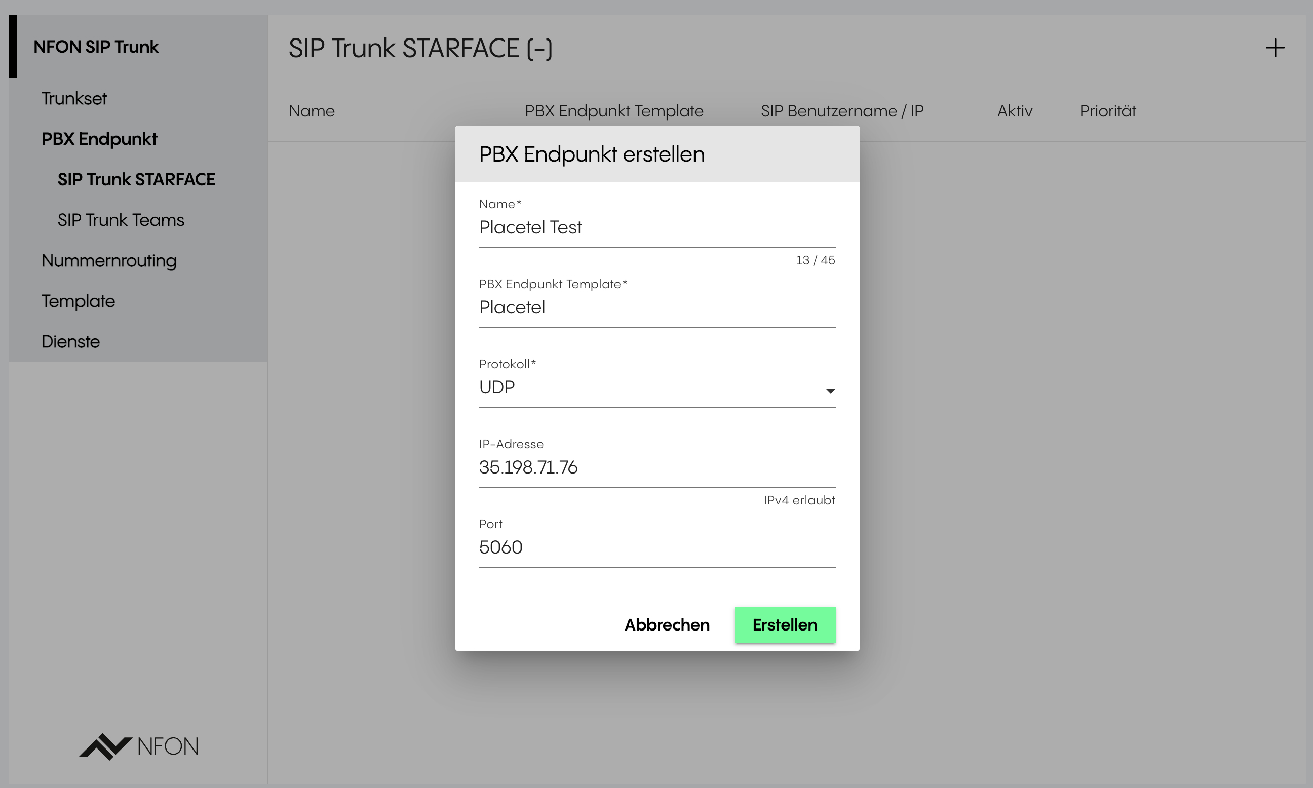 Creating a PBX endpoint with the gateway IP, UDP, and port 5060