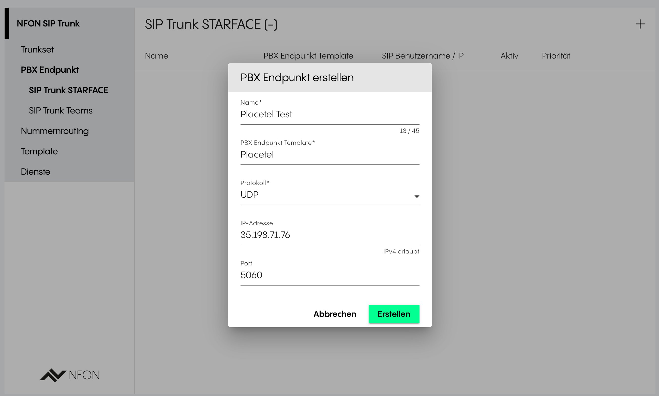 Creating a PBX endpoint with the gateway IP, UDP, and port 5060