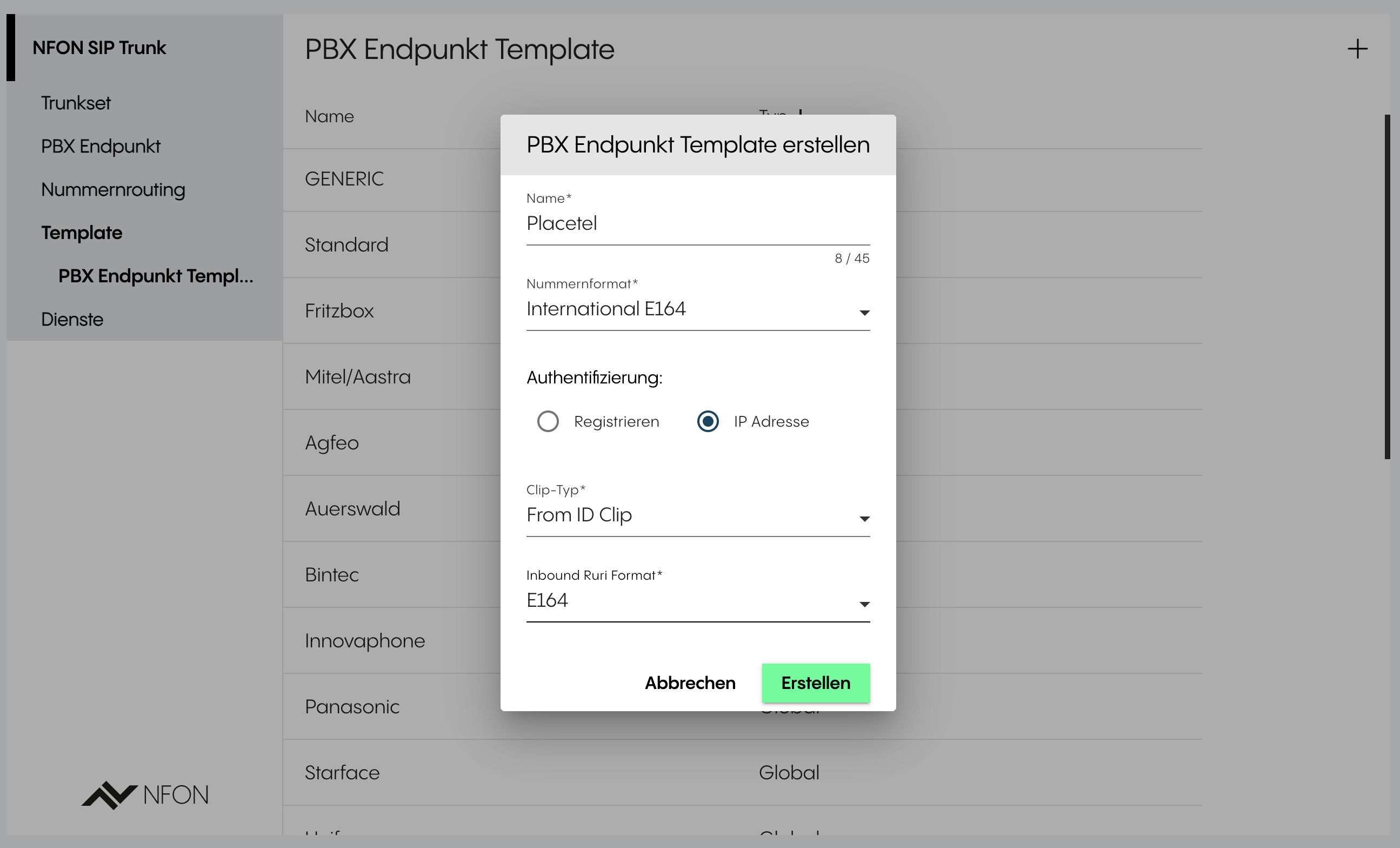 Creating a PBX endpoint template with IP authentication and E164