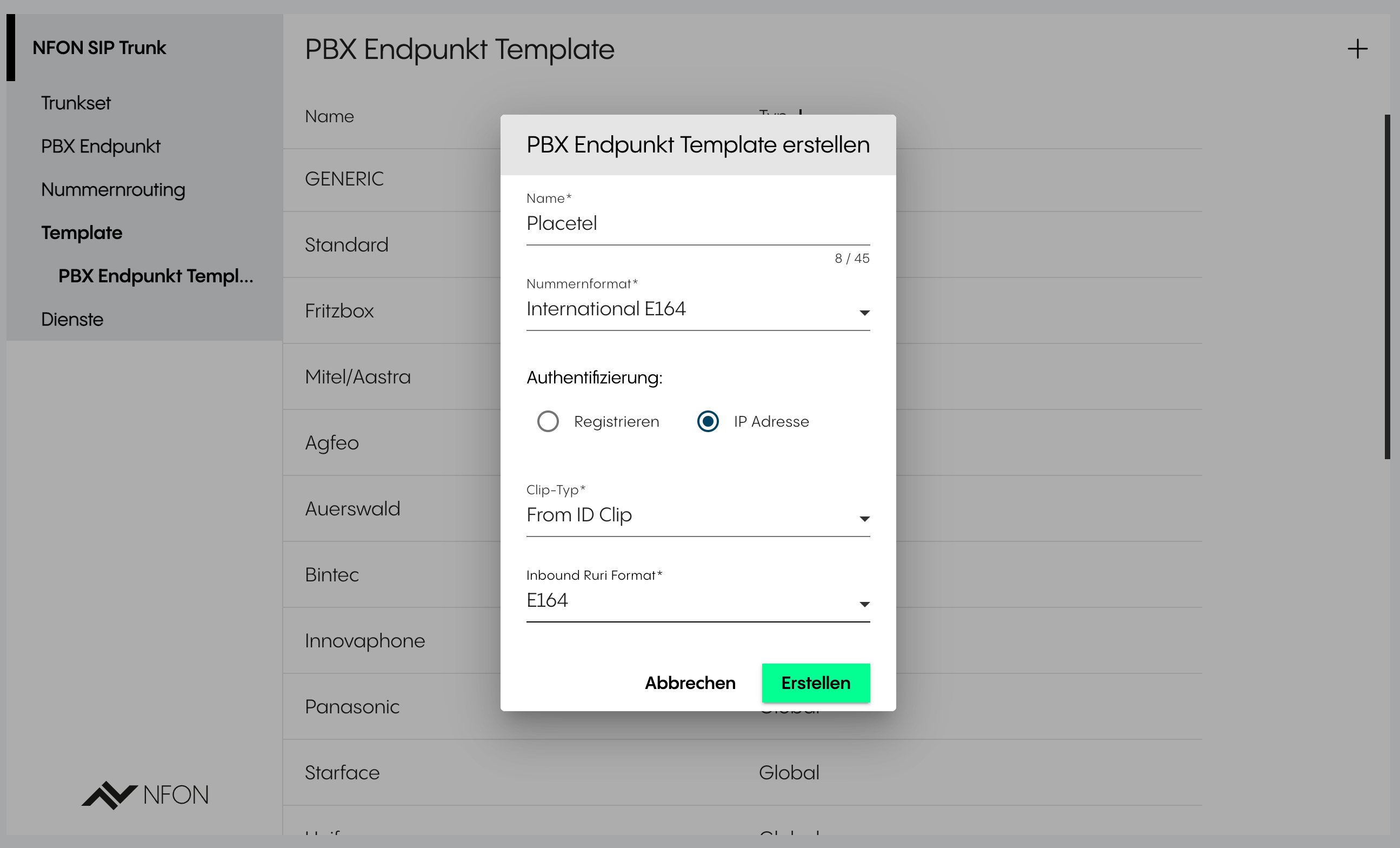 Creating a PBX endpoint template with IP authentication and E164