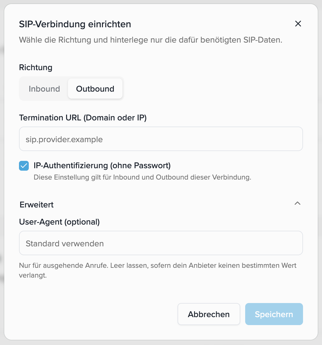 Outbound SIP connection with IP authentication and an optional User-Agent