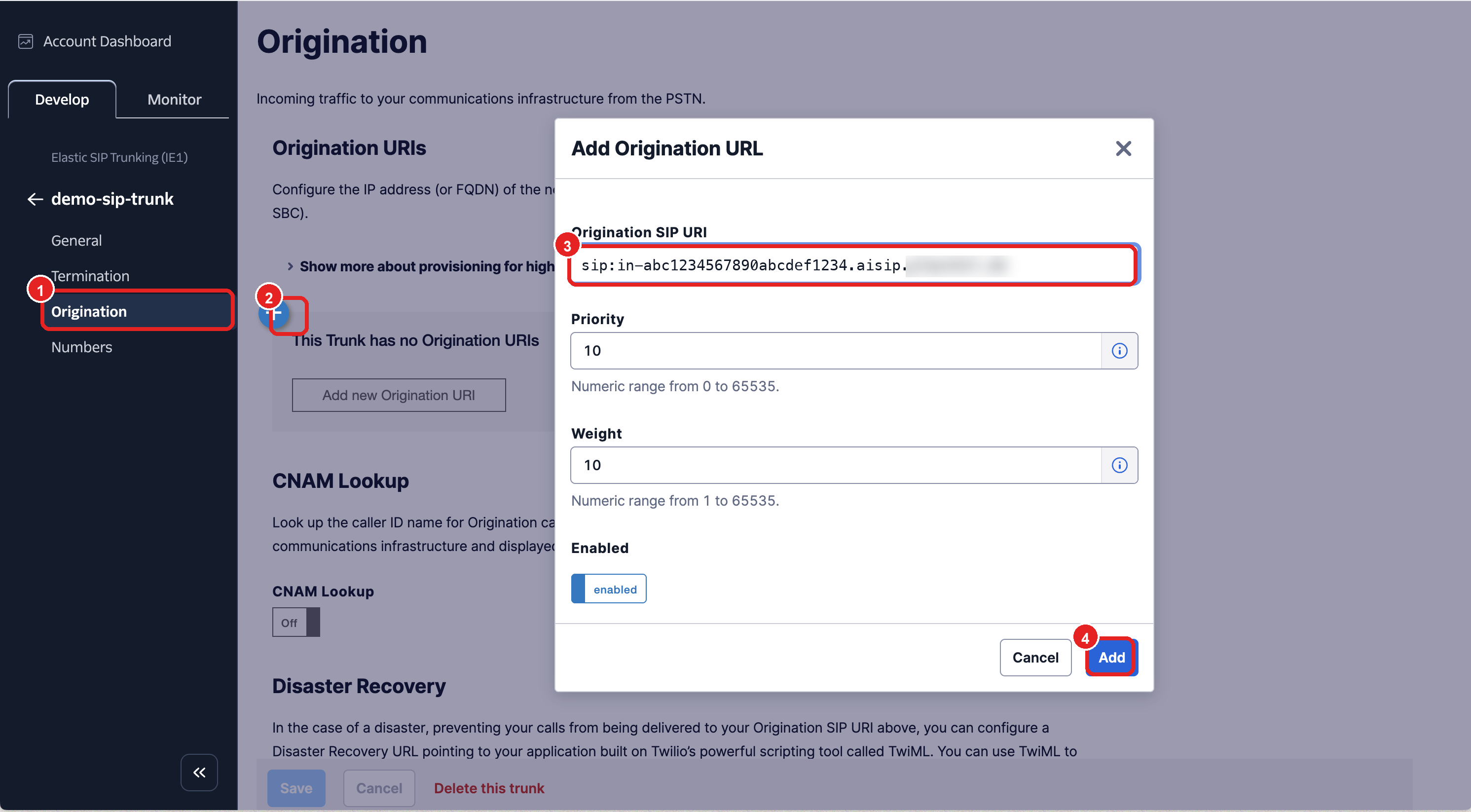 Twilio Origination URI setzen