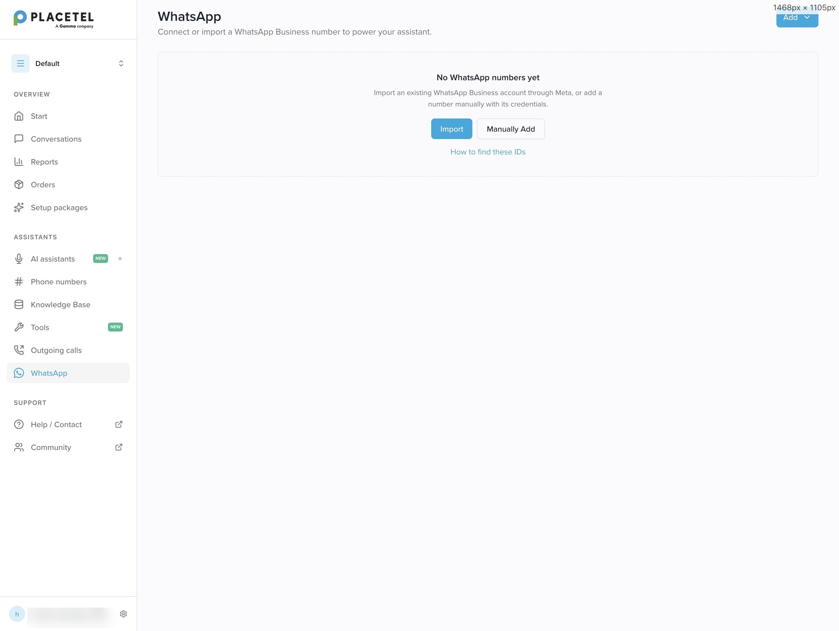 WhatsApp-Seite ohne verbundene Nummer mit den Optionen „Importieren" und „Manuell hinzufügen"