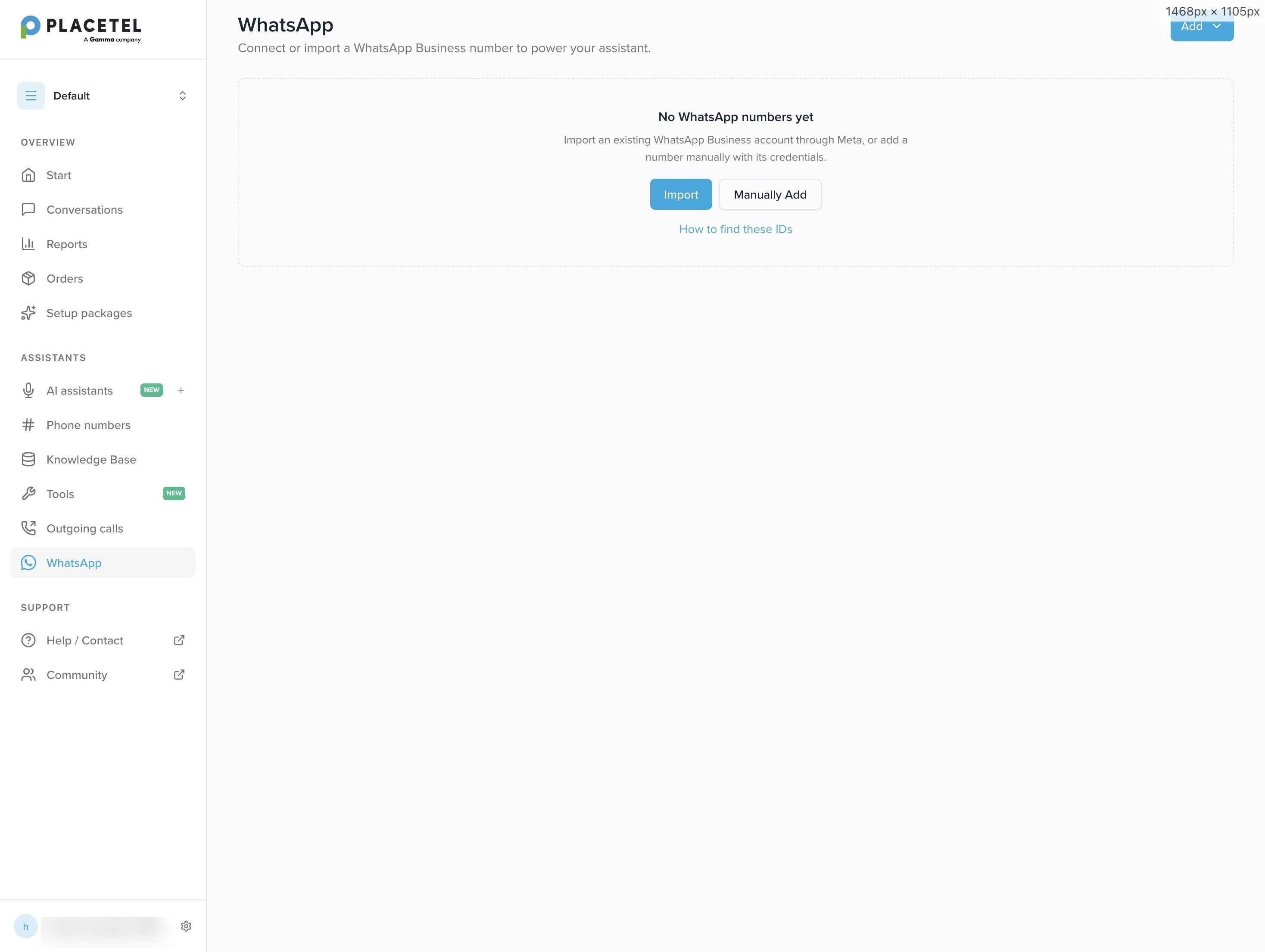 WhatsApp-Seite ohne verbundene Nummer mit den Optionen „Importieren" und „Manuell hinzufügen"
