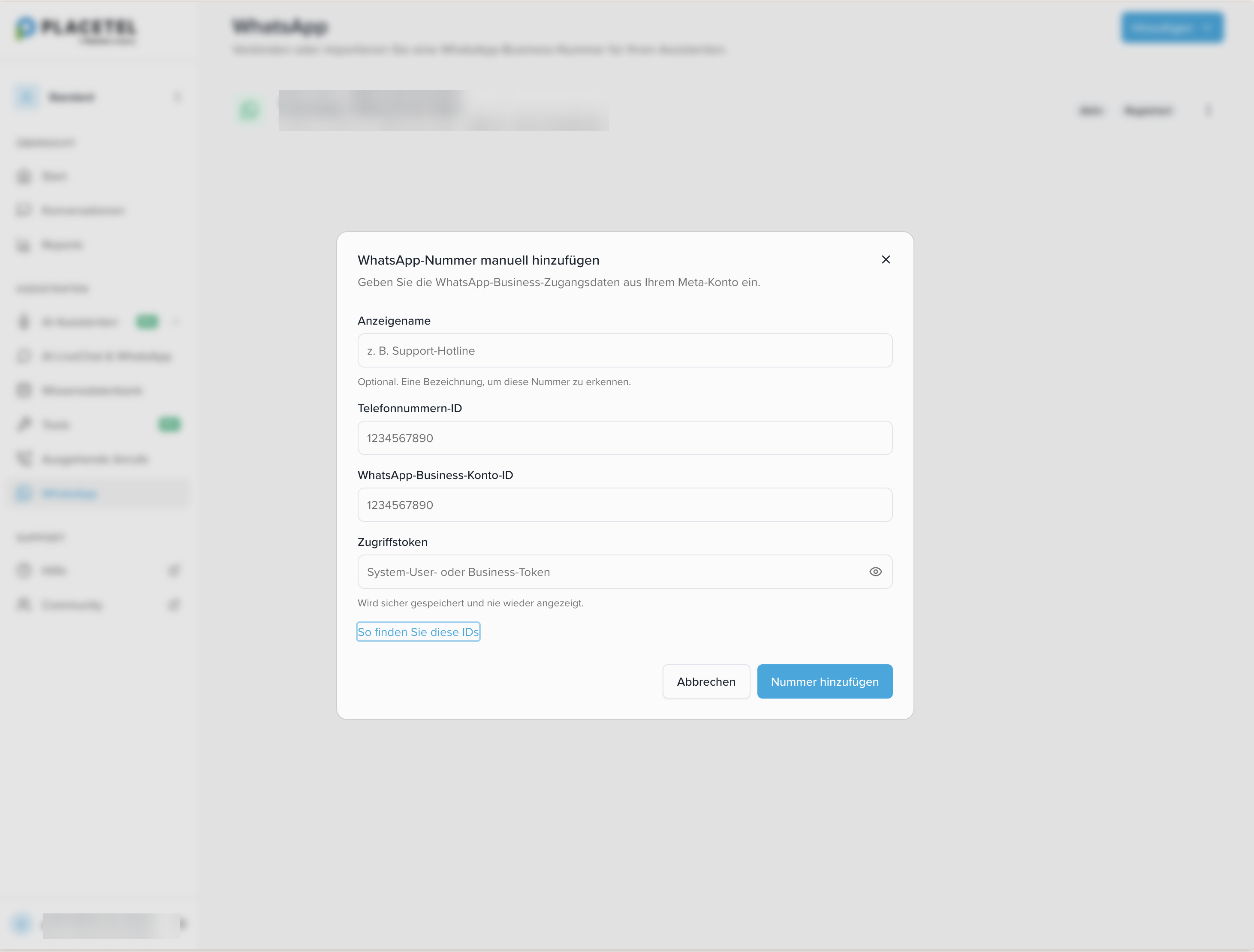 Dialog „WhatsApp-Nummer manuell hinzufügen" mit den Feldern Anzeigename, Telefonnummern-ID, WhatsApp-Business-Konto-ID und Zugriffstoken
