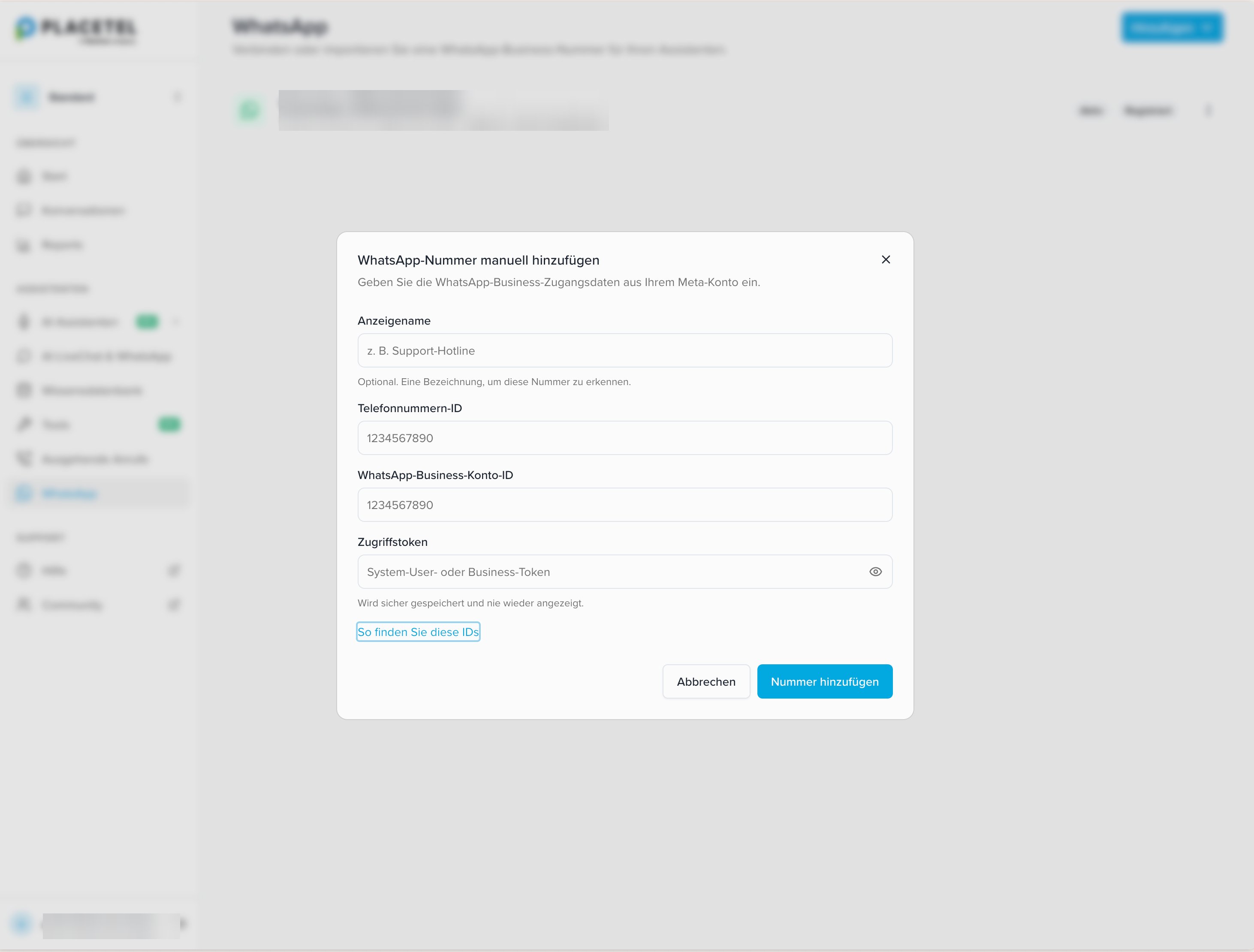 Dialog „WhatsApp-Nummer manuell hinzufügen" mit den Feldern Anzeigename, Telefonnummern-ID, WhatsApp-Business-Konto-ID und Zugriffstoken