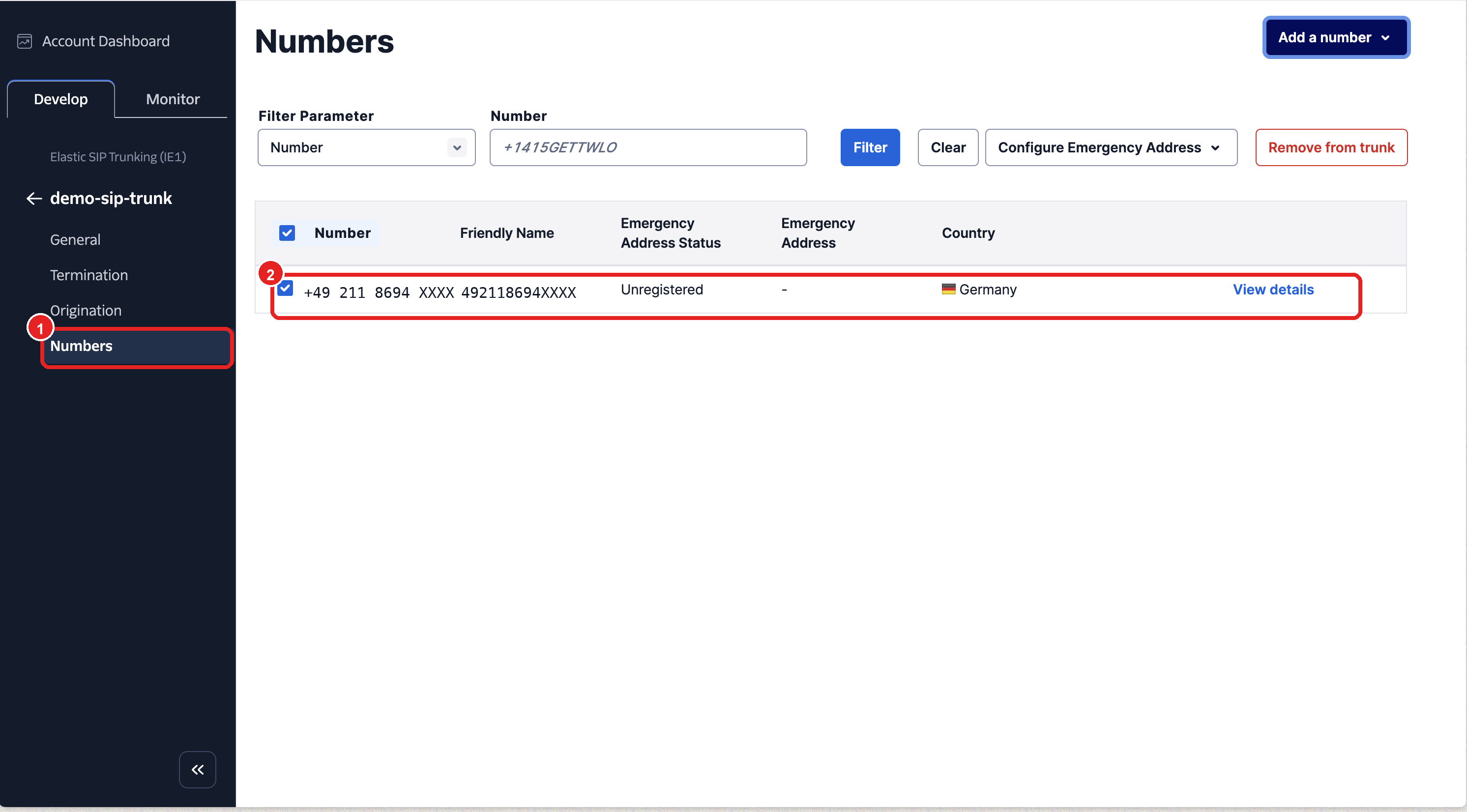 Twilio Rufnummer ist dem Trunk zugeordnet