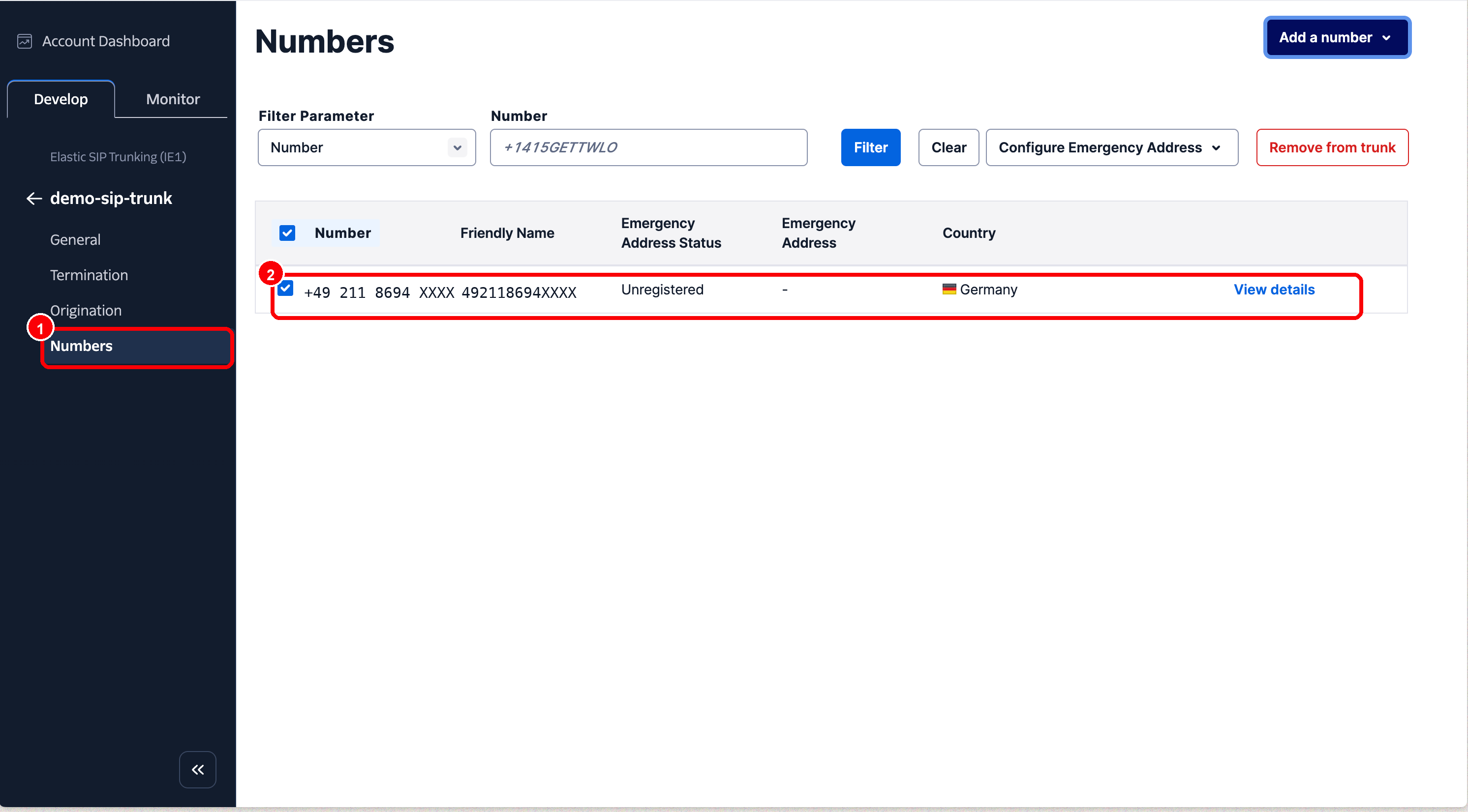 Twilio Rufnummer ist dem Trunk zugeordnet